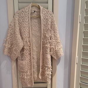 Anthropologie Elegant Beige Women's Cardigan with frayed detailing. O/S.